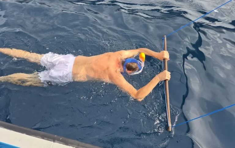 Person im Wasser mit Schnorchel und Tauchstock, umgeben von blauem Wasser.
