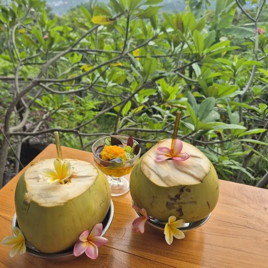 Zwei Kokosnüsse mit Blumen auf einem Tisch, umgeben von grüner Vegetation.