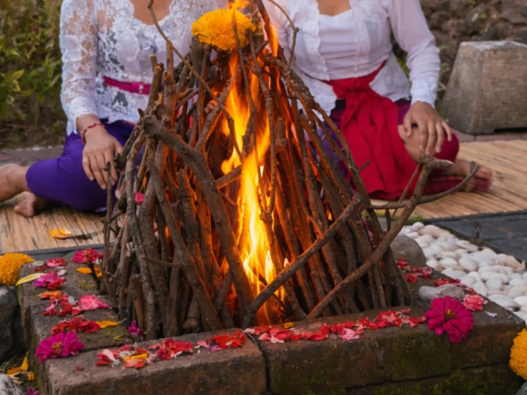 Feuerstelle mit brennendem Holz, umgeben von Blumen und weißen Steinen.