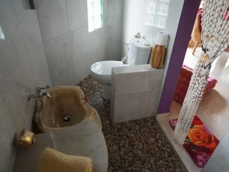 Badezimmer mit Toilette, Bidet und dekorativem Bodenbelag.